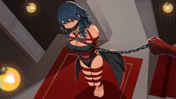 2girls absurdres alternate_costume arms_behind_back barefoot blue_eyes blue_hair bondage bound bound_ankles bound_arms bound_legs bound_wrists breasts byleth_(fire_emblem) byleth_(fire_emblem)_(female) captured chain_leash chains cleavage cloth_gag collar crotch_rope dancer dancer_(three_houses) defeated defeated_heroine edelgard_von_hresvelg female_only female_pov female_protagonist femdom femsub fire_emblem fire_emblem:_three_houses gag gagged gloves helpless highres improvised_gag large_breasts leash long_hair looking_at_viewer multiple_girls nintendo over_the_mouth_gag pov rainnear red_gloves slave solo_focus yuri