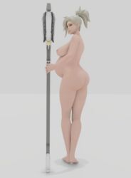 3d big_breasts breasts female female_only hdddestroyer looking_at_viewer looking_back mercy overwatch pregnant simple_background