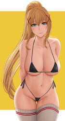 1girls aqua_eyes archway_of_venus arms_behind_back bangs bare_shoulders belly belly_button big_breasts bikini black_bikini black_swimsuit blonde_hair blue_eyes blunt_bangs blush border breasts cameltoe cleavage closed_mouth cowboy_shot curvaceous curvy curvy_figure cute darkness_(konosuba) dirty_blonde dirty_blonde_hair double_v eye_contact eyebrows_visible_through_hair eyelashes female_only gluteal_fold hair_between_eyes hair_ornament hi_res high_ponytail highleg highleg_bikini highleg_swimsuit highres hourglass_figure huge_breasts image kono_subarashii_sekai_ni_shukufuku_wo! large_breasts light-skinned_female light_skin long_hair looking_at_viewer micro_bikini navel pink_lips pose posing revealing_clothes sandy_blonde sandy_blonde_hair side-tie_bikini sideboob sidelocks simple_background sling_bikini smirk socks solo standing string_bikini swimsuit thick_thighs thigh_gap thighhighs thighs tied_hair underboob v very_long_hair white_border white_legwear wide_eyed wide_hips x_hair_ornament yellow_background zaphn