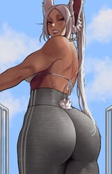 1girls ass ass_focus big_ass big_breasts big_butt breasts bunny_ears bunny_tail dark-skinned_female dark_skin dat_ass eye_contact female gud0c large_ass leggings long_hair looking_at_viewer miruko my_hero_academia red_eyes rumi_usagiyama solo standing thick_thighs thighs tight_clothing tight_pants white_hair workout_clothes yoga_pants