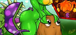 anthro blobslimey chomper_(pvz) cunnilingus deep_cunnilingus female highres naked outside plant plantie plantie_on_plantie plants_vs_zombies plants_vs_zombies:_heroes simple_background solar_flare_(pvz) tongue_in_pussy tongue_in_urethra tongue_penetration vaginal_penetration wallnut_(pvz)