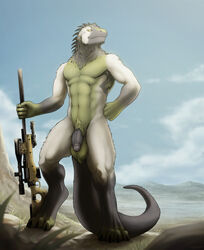 anthro armpit_hair athletic athletic_anthro athletic_male awp ball_tuft balls body_hair corrsk desert detailed_background digital_media_(artwork) flaccid fur genitals gun hi_res holding_object holding_weapon humanoid_genitalia humanoid_penis iguanid lizard looking_at_viewer male military nude outside penis pubes ranged_weapon reptile rifle scalie sky sniper sniper_rifle solo solo_male tuft weapon