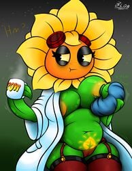 baby big_breasts blobslimey breastfeeding chubby coffee female green_skin peashooter_(pvz) plants_vs_zombies:_heroes pubic_tattoo red_lingerie solar_flare_(pvz) tired tired_eyes white_robe