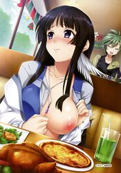 2girls :d bangs bendy_straw black_hair blush breasts breasts_out cafe closed_eyes closed_mouth collarbone cup drink drinking_glass drinking_straw elnie_tachibana embarrassed exposed_breasts eyebrows eyebrows_visible_through_hair fingernails flashing food green_hair hair_between_eyes highres hime_cut indoors jewelry jinki large_breasts long_hair long_sleeves medium_breasts multiple_girls necklace nipples no_bra one_breast_out open_clothes open_mouth open_shirt oppai_challenge pink_nipples public public_exposure purple_eyes shiny shiny_skin shirt short_hair sidelocks smile teenager tsunashima_shirou tsuzaki_aoba underwear