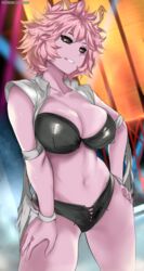 1girls 2021 antennae artist_signature black_sclera black_topwear breasts cafekun curly_hair curvaceous female female_focus female_only gold_eyes hand_on_hip hips huge_breasts looking_at_viewer mina_ashido my_hero_academia naughty_face pink_body pink_hair pink_skin short_hair short_shorts shorts slim_waist suggestive_look thick_thighs thighs wide_hips