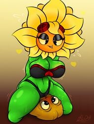 biting_lip black_lingerie blobslimey blush larger_female lingerie pinned_down plantie plants_vs_zombies plants_vs_zombies:_heroes smaller_male solar_flare_(pvz) submissive_male wall-nut_(pvz)