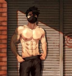 1boy abs armpit_hair beauty_marks black_eyes black_hair black_pants haikyuu!! male male_only mask moles pubes sakusa_kiyoomi zumiiwa