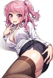 ass bang_dream! black_legwear black_thighhighs bra collarbone exposed_breasts hand_on_ass lambda_(kusowarota) legwear looking_at_viewer looking_back maruyama_aya office_lady pink_bra pink_eyes pink_hair smiling smiling_at_viewer tagme thick_thighs thighhighs thighs