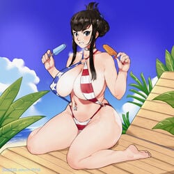 1girls alternate_hairstyle american_flag_bikini barefoot blue_eyes breasts choker cleavage clothed covered_nipples female female_only fingernails folded_ponytail full_body huge_breasts keigi_(artist) kill_la_kill kiryuuin_satsuki looking_at_viewer navel navel_piercing o-ring o-ring_bikini phallic_symbol plump popsicle red_fingernails thick_thighs wariza