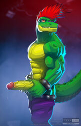 1boy 2021 abs alligator alligatorid anthro bara barazoku belt biceps big_penis blue_background bodily_fluids boner bracelet breasts butt claws clothed clothing crocodilian cum cum_on_penis cum_string erection face_paint five_nights_at_freddy's five_nights_at_freddy's:_security_breach genital_fluids genitals green_butt green_skin green_tail hair hi_res holding_penis humanoid_penis jewelry long_penis long_tail looking_away looking_back male male_only mohawk montgomery_gator_(fnaf) mostly_nude multicolored_skin multicolored_tail muscular muscular_male non-mammal_breasts orange_eyes pants pants_down partially_clothed pecs penis precum presenting red_hair reptile rockstar scales scalie security_breach_fury's_rage sharp_claws sharp_teeth simple_background smile solo spiked_belt spiked_bracelet spikes standing teeth thick_penis thick_tail todex topless topless_male triceps vein veiny_penis video_games watermark yellow_skin yellow_tail