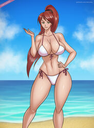 beach bikini derushy green_eyes hand_on_hip high_ponytail hips large_breasts legs long_hair looking_at_viewer midriff ponytail pyrrha_nikos red_hair rwby shiny_hair shiny_skin side-tie_bikini smile solo tagme