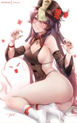 1girls ass big_ass big_butt blush breasts brown_hair feet female genshin_impact hat hu_tao_(genshin_impact) looking_at_viewer nail_polish nipple_slip red_eyes rei_kun revealing_clothes sideboob small_breasts smile socks thick_thighs