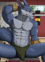 1boy anthro big_penis blue_body blue_fur blush boxers_(clothing) bulge canid canine canis clothing fangs fur genital_outline genitals green_underwear grey_body grey_fur gym hi_res kagradon korai league_of_legends male male_only mammal muscular nipples penis penis_outline riot_games scratching_head sitting smooth_skin solo underwear video_games warwick were werecanid werecanine werewolf wolf yellow_eyes