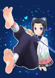 barefoot barefoot_under_trousers black_hair blushed_soles butterfly_hair_ornament demon_slayer feet feet_up female female_only foot_fetish foot_focus full_body fully_clothed haori kimetsu_no_yaiba kochou_shinobu purple_eyes renri sitting smile soles solo sword toes two_tone_hair