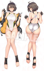 1girls ahoge alternate_costume ass azur_lane back baltimore_(azur_lane) bangs bare_shoulders black_gloves black_hair black_jacket blush bob_cut braid breasts brown_hair collarbone commentary_request competition_swimsuit covered_navel facing_viewer fingerless_gloves from_behind full_body gloves gluteal_fold hair_between_eyes halcon half_gloves harukon_(halcon) highleg highleg_swimsuit highres jacket large_breasts looking_at_viewer looking_to_the_side lying off_shoulder on_back on_stomach one-piece_swimsuit open_clothes open_jacket open_mouth partially_fingerless_gloves sample short_hair side_braid simple_background solo swimsuit thigh_gap thighs toes white_background white_swimsuit yellow_eyes