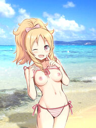 ;d bangs beach bikini bikini_lift blonde_hair blue_sky blush bow breasts brown_eyes clothes_lift cloud commentary_request day drill_hair eromanga_sensei exhibitionism eyebrows_visible_through_hair female finger_to_mouth front-tie_top hairbow harukigenia lifted_by_self long_hair looking_at_viewer medium_breasts navel nipples ocean one_eye_closed open_mouth outdoors pink_bikini pink_bow pointy_ears ponytail side-tie_bikini sky smile solo striped striped_bikini swimsuit twin_drills water yamada_elf