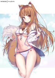 1girls alternate_version_available bangs bikini blush brown_eyes brown_fur brown_hair clothing female female_only holo hong_(white_spider) kemonomimi long_hair medium_breasts necklace smile solo spice_and_wolf sweatshirt sweatshirt_and_bikini swimsuit tail thigh_gap underboob white_bikini wolf_ears wolf_girl wolf_tail