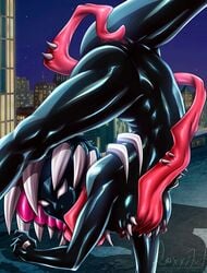 1girls athletic athletic_female autocunnilingus female female_only foxyart gwen_stacy gwenom long_tongue looking_at_viewer marvel marvel_comics solo spider-gwen spider-man_(series) symbiote