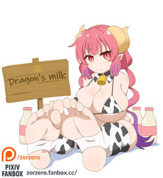 1girls arms_behind_back breasts cow_bell cow_bikini feet foot_fetish foot_focus huge_breasts ilulu_(dragon_maid) large_breasts looking_at_viewer milk_bottle miss_kobayashi's_dragon_maid red_eyes solo_female stirrup_legwear toeless_legwear zorzero