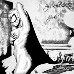 armpit ass bed bedroom black_and_white breasts completely_nude faceless_female human keldromeda looking_away looking_to_the_side mask masked pencil_(artwork) pillow rule_63 shadow shirt_removed side_view skinny skinny_girl spidex spidex-girl youtuber