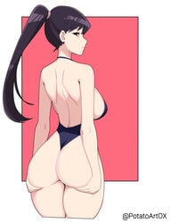 1girls 2021 absurdres ass back black_swimsuit breasts competition_swimsuit cropped_legs female female female_focus female_only from_behind hands_on_ass hands_on_own_ass highres huge_breasts komi-san_wa_komyushou_desu komi_shouko large_breasts long_hair looking_at_viewer looking_back one-piece_swimsuit one-piece_thong ponytail potatoartox purple_hair self_upload simple_background solo solo_female standing swimsuit thick_thighs thighs thong twitter_username