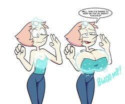 big_breasts breast_expansion cartoon_network clothing english_text female gem gem_(species) pants pearl_(steven_universe) smile solo solo_female steven_universe sweetdandy text transformation_(body_part) white_body