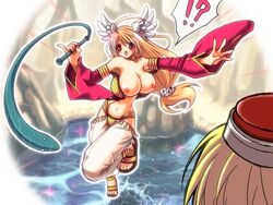 !? ahoge blonde_hair blush breasts dancer eel female gypsy_(ragnarok_online) hat head_wings huge_breasts jewelry long_hair lots_of_jewelry nipples open_mouth pinky_out pointy_ears ragnarok_online red_eyes sakage solo_focus sparkle splashing tiny_head water whip wings