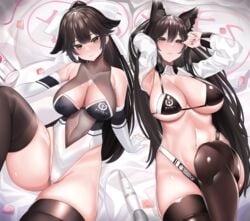 2021 2girls alternate_legwear alternate_version_available animal_ears arm_support atago_(azur_lane) atago_(stunning_speedster)_(azur_lane) azur_lane bangs bare_shoulders bikini black_bikini black_hair black_legwear bow breasts brown_eyes cleavage cleavage_cutout clothing_cutout commentary_request condom cowboy_shot cropped_jacket dog_ears elbow_gloves extra_ears female female_focus female_only fingerless_gloves gloves hair_flaps highleg highleg_bikini highleg_swimsuit highres hitachi_magic_wand keishi_surota large_breasts long_hair looking_at_viewer lying mole mole_under_eye multicolored_leotard multiple_girls navel on_back pillow ponytail race_queen ribbon sex_toy shrug_(clothing) swept_bangs swimsuit takao_(azur_lane) takao_(full_throttle_charmer)_(azur_lane) thighhighs thighs two-tone_bikini two-tone_leotard underboob vibrator white_bow white_ribbon yes yes-no_pillow