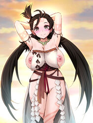 armpits arms_behind_head ass_visible_through_thighs blush breasts brown_eyes brown_hair closed_mouth cloud commentary_request fate/grand_order fate_(series) female harukigenia highres himiko_(fate) jewelry large_breasts long_hair looking_at_viewer magatama magatama_necklace necklace nipples no_bra no_panties pussy sky smile solo standing sunset thigh_gap twintails