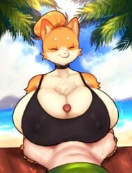 1boy 1boy1girl anthro big_breasts black_tank_top breasts canine choker cloud faceless_male female fur furry gilf green_shirt hair human human_on_anthro kenjosart light-skinned_male light_skin markings milf orange_fur orange_hair paizuri penis seaside sky tank_top tree trees tuft