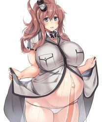 big_breasts brown_hair dress dress_lift female female_only grey_eyes hair_ornament kantai_collection kuronyan long_hair looking_at_viewer open_clothes panties ponytail pregnant saratoga_(kantai_collection) see-through_clothing short_sleeves slightly_chubby solo thick_thighs white_panties wide_hips