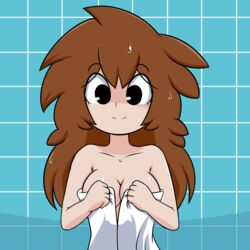 almost_naked brown_hair female fuppy-jr light-skinned_female light_skin looking_at_viewer naked_towel open_towel pose shgurr shower smile standing stripping teasing_viewer towel wall wet_body wet_hair white_towel youtube