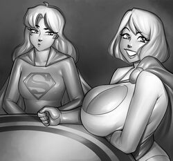 2021 2girls big_breasts breast_envy breast_size_difference breasts cape cleavage cleavage_cutout dc dc_comics female female_only gloves homage huge_breasts kara_zor-el karen_starr large_breasts looking_at_viewer monochrome ph power_girl sitting smile supergirl superman_(series)