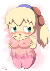 areolae big_breasts blonde_hair blush breasts clothed clothed_female clothing driver000 fumu_(kirby) green_eyes hands_on_breasts japanese_text kirby:_right_back_at_ya! kirby_(series) navel nintendo nipples pajamas panties pink_clothing pink_panties pink_stockings ponytail see-through see-through_clothing shortstack simple_background stockings tiff_(kirby)