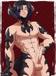 au_ra black_hair blue_highlights final_fantasy final_fantasy_xiv genital_piercing glasses horns male_only piercing piercings ranier_almasy red_eyes scales solo_male xaela