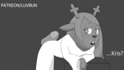 16:9 animated anthro antlers bent_over blood bodily_fluids buttjob buttjob_over_clothes capreoline cervid deer deltarune disembodied_penis duo empty_eyes faceless_male female freckles furry genitals greyscale highres horn hot_dogging human kris_(deltarune) lil'bun looking_back mammal monochrome noelle_holiday open_mouth penis reindeer ring short_playtime snowgrave straight white_clothing widescreen