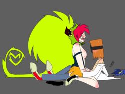 1boy 1girls ahe_gao almost_naked artist_request ass_grab bite_marks blush breasts breasts_out cartoon_network cartoony clothing colored cowgirl_position demencia_(villainous) dr._flug_(villainous) female green_hair male male_penetrating_female pleasure_face red_hair scratch_marks sex straight supervillain tongue tongue_out vaginal_penetration villainous