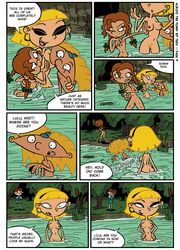 1boy 3girls arnold_shortman blonde_hair brown_hair casual clothing comic dialogue female hey_arnold! human lila_sawyer lulu_(hey_arnold) male male_nipples nickelodeon nipples nude olga_pataki outdoors pale_skin partially_submerged pussy skinny_dipping speech_bubble swimming teev text