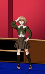 1boy danganronpa depraveddefense femboy fujisaki_chihiro hand_on_head male male_only masculinization muscle_growth sequence_parts smooth_skin solo solo_male straining_buttons sweatdrops