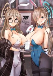 2021 2girls absurdres akane_(blue_archive) akane_(bunny)_(blue_archive) alternate_version_available animal_ears asuna_(blue_archive) asuna_(bunny)_(blue_archive) bangs bare_shoulders blonde_hair blue_archive blue_eyes blue_leotard blush bottle breasts brown_eyes brown_legwear cleaning_&_clearing_(blue_archive) cleavage covered_navel detached_collar dirty_blonde dirty_blonde_hair duo duo_focus elbow_gloves fake_animal_ears female female_focus female_only glasses gloves grin hair_over_one_eye halo highleg highleg_leotard highres huge_breasts image large_breasts leotard light_brown_hair long_hair looking_at_viewer milk milk_bottle millennium_science_school_logo_(blue_archive) millennium_science_school_student mole mole_on_breast multiple_girls pantyhose playboy_bunny rabbit_ears sandy_blonde sandy_blonde_hair sezoku shawl smile thighs white_gloves white_legwear white_leotard