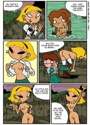 3girls blonde_hair brown_hair casual clothing comic dialogue female hey_arnold! human lila_sawyer lulu_(hey_arnold) male nickelodeon nipples nude olga_pataki outdoors pale_skin partially_submerged pussy skinny_dipping speech_bubble swimming teev text undressing