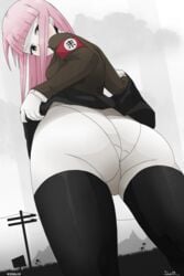 ass ass_focus big_ass blossom_hope blush breasts female grey_eyes looking_at_viewer looking_down medium_hair nazi panties pantyshot pink_hair sakura_kawakami signature skirt skirt_lift stockings thick_ass thick_thighs underwear upskirt watermark white_panties white_skin woomler