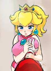 1boy 1girls alternate_breast_size assisted_grope big_breasts big_lips blonde_hair blue_eyes blush breasts busty canon_couple chest_jewel couple crown earrings gloves groping groping_breasts guided_breast_grab large_breasts lipstick long_hair mario mario_(series) mario_tennis nintendo nm_qi pink_lipstick ponytail pov princess_peach smile wholesome