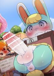 1boy 2021 animal_crossing anus ass balls beau_(animal_crossing) big_penis blush bunny_ears censored dagasi erection femboy gay hung_trap male male_focus multiple_boys nintendo penis rabbit raymond_(animal_crossing) sasha_(animal_crossing) sex_box solo_focus through_wall uncut yaoi