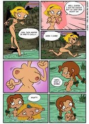 1boy 2girls arnold_shortman blonde_hair breast_envy breast_jiggle brown_hair casual clothing comic dialogue female hey_arnold! human jiggle lulu_(hey_arnold) male nickelodeon nipples nude olga_pataki outdoors pale_skin partially_submerged skinny_dipping speech_bubble swimming teev text