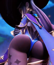 3d ass clothed clothing female female_only genshin_impact hat lewd_aria mona_(genshin_impact) solo tagme