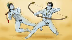 2boys abs archery balls ballsack bangle blue_body blue_nipples blue_penis blue_skin body_markings bow_and_arrow completely_naked completely_nude completely_nude_male confident confused confused_look dancing dangling_testicles deity duo duo_focus dust flaccid_penis flute gay god gods hands_up hindu hindu_mythology holding_object krishna long_hair_male low_hanging_balls male male_nipples male_only male_pubic_hair muscles musical_instrument mythology necklace nude_male pecs performance religion religious scrotum shooting smile smirk surprised_expression surprised_face testicles thick_thighs thighs vachalenxeon warrior wide_eyed