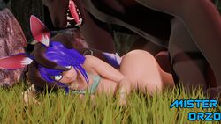 3d ass blender_(software) blue_hair chie_(misterorzo) green_eyes head_grab interspecies larger_male misterorzo pinned_down rabbit_girl size_difference smaller_female werewolf