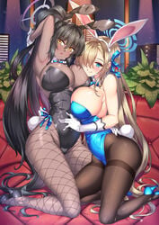 2girls animal_ears asuna_(blue_archive) asuna_(bunny)_(blue_archive) bangs bare_shoulders black_hair black_leotard blue_archive blue_eyes blue_leotard blush breasts brown_legwear bunny_girl bunny_suit bunny_tail bunnysuit cleavage dark-skinned_female dark_skin detached_collar elbow_gloves fake_animal_ears fishnet_legwear fishnets gloves grin hair_over_one_eye high_heels highleg highleg_leotard highres karin_(blue_archive) karin_(bunny)_(blue_archive) kneeling large_breasts leotard light_brown_hair long_hair looking_at_viewer merufena mole mole_on_breast multiple_girls open_mouth pantyhose playboy_bunny ponytail rabbit_ears shirokuma_a sidelocks smile white_gloves yellow_eyes