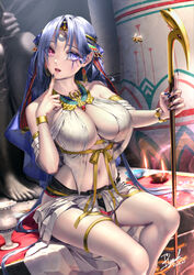 1girls ankh bangs bare_shoulders blue_eyes bracelet breasts cleavage dated egyptian egyptian_clothes eye_of_horus facial_mark female heterochromia highres jewelry large_breasts lips long_hair looking_at_viewer nail_polish navel open_mouth original pink_eyes ryuki@maguro-ex sidelocks sitting solo staff thighlet veil